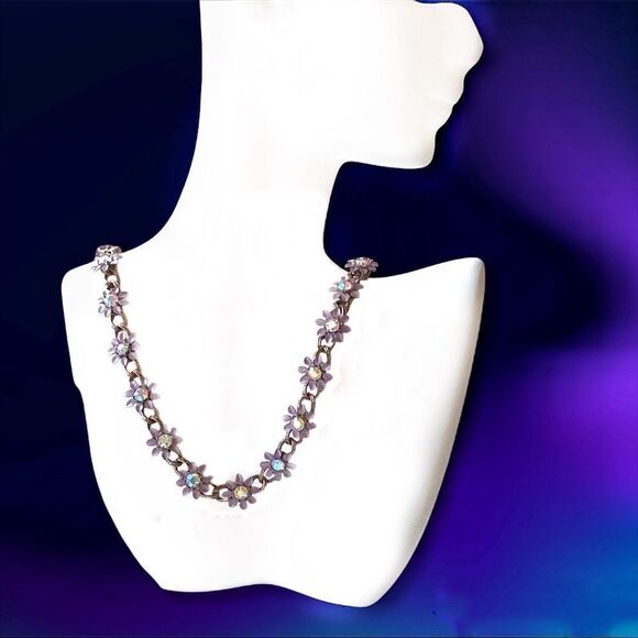 Vintage enamel lavender metal flower ab crystal  floral link necklace 15” - Picture 12 of 14